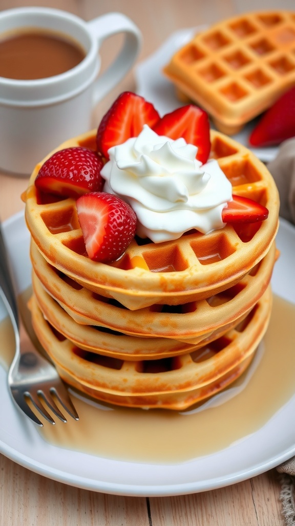 A stack of crispy Belgian waffles with strawberries and whipped cream on a plate, accompanied by maple syrup.